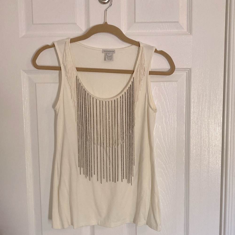 Women BOSTON PROPER White Tank with Chain Metal Detail like new! Size M